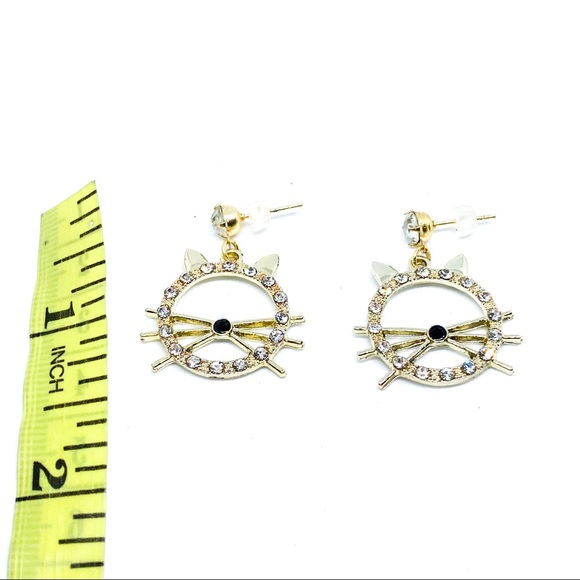 NWT Gold Kitty Cat Face Rhinestone Earring - Picture 3 of 4